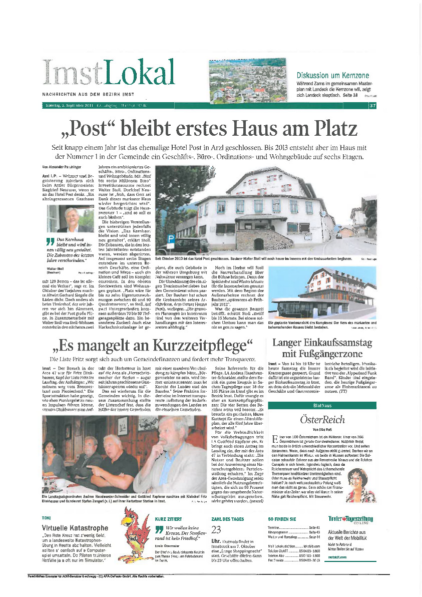 Stoll Wohnen Bau, Post Arzl, Tiroler Tageszeitung, Arzl im Pitztal